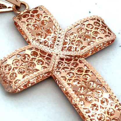 Designer QG Italy 14K Rose Gold Textured Open Work Cross Pendant