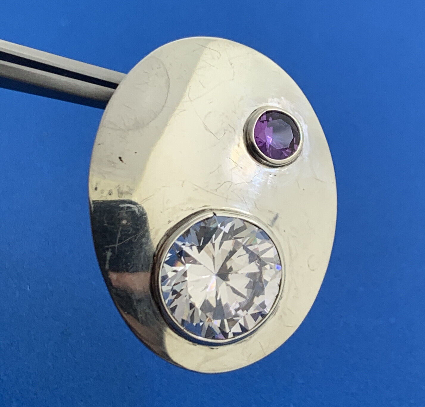 Estate 925 Sterling Silver White Amethyst Purple Sapphire Oval Stud Earrings