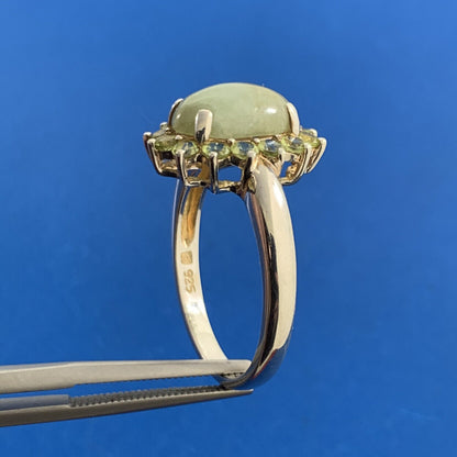 Designer 925 Sterling Silver Oval Jade Cabochon Round Peridot Halo Cocktail Ring