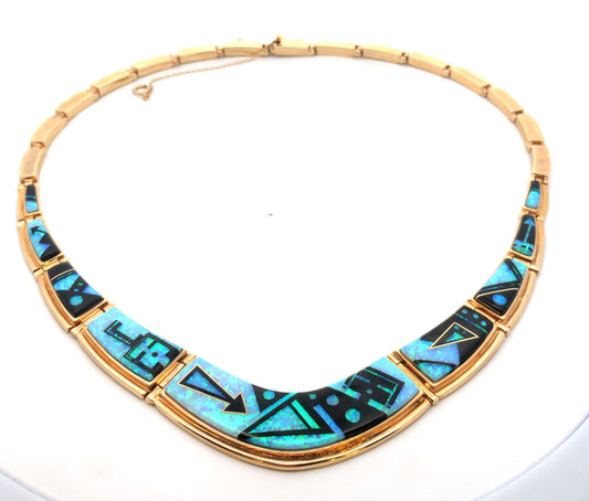 Calvin Begay Navajo 14K Gold Opal Onyx Inlay Storyteller Statement Necklace