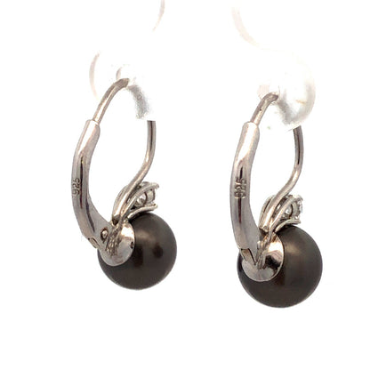 925 Sterling Silver Round Tahitian Pearl CZ Lever Back Dangle Earrings