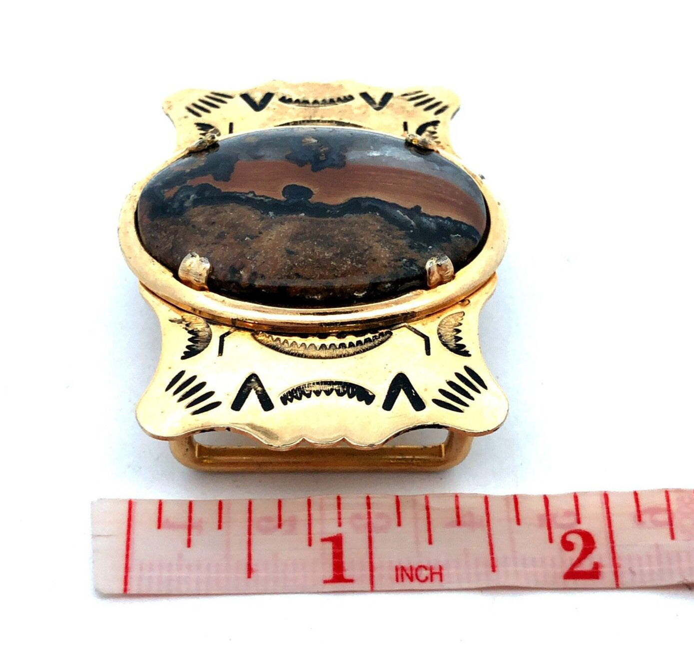 Retro Gold Tone Brass Southwestern Etched Oval Volcanic Stone Unisex Belt Buckle