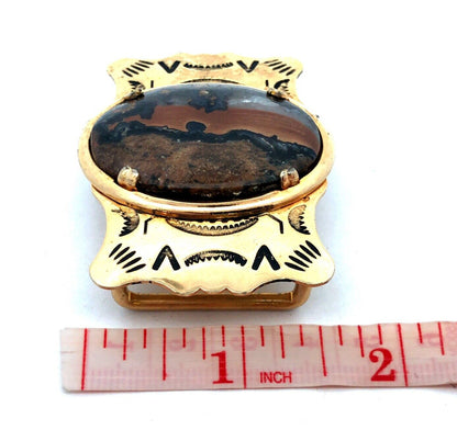 Retro Gold Tone Brass Southwestern Etched Oval Volcanic Stone Unisex Belt Buckle