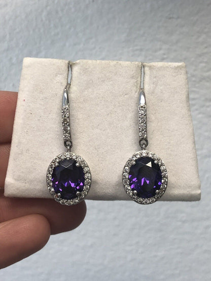Designer Sterling Silver 925 Purple White Cubic Zirconia CZ Drop Dangle Earrings