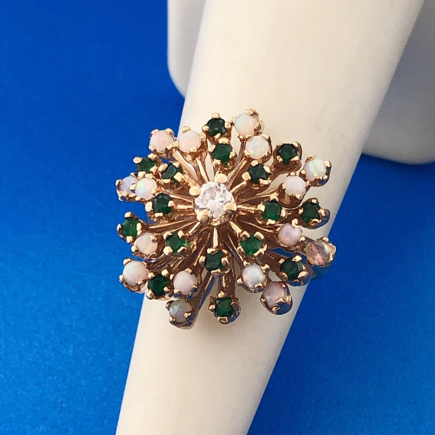 Gorgeous 14k Yellow Gold Diamond Emerald Opal Flower Cluster Ring Size 5.25