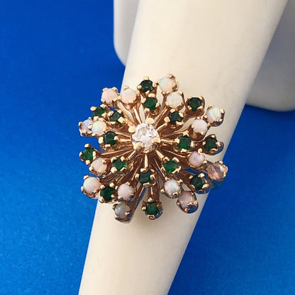Gorgeous 14k Yellow Gold Diamond Emerald Opal Flower Cluster Ring Size 5.25