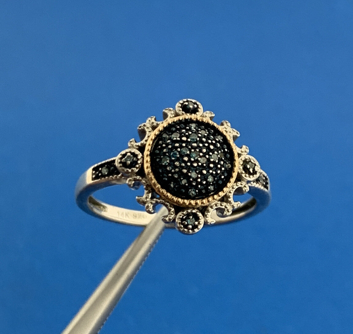 Designer 925 Sterling Silver 14K Yellow Gold Blue Diamond Two Tone Occasion Ring