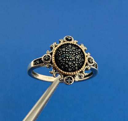 Designer 925 Sterling Silver 14K Yellow Gold Blue Diamond Two Tone Occasion Ring