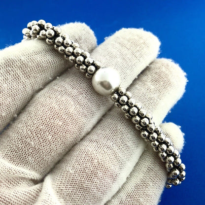 Elegant 925 Sterling Silver Pearl Solitaire Ball Bead Snake Toggle Bracelet