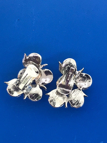 Selro Selini Silver Tone White Confetti Lucite Cabochon Modernist Clip Earrings