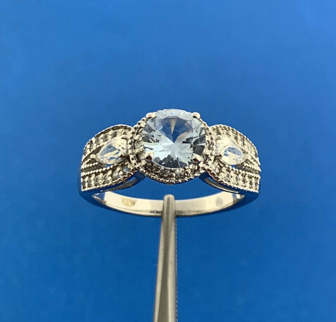 925 Sterling Silver Blue Spinel White Cubic Zirconia Halo Cocktail Ring