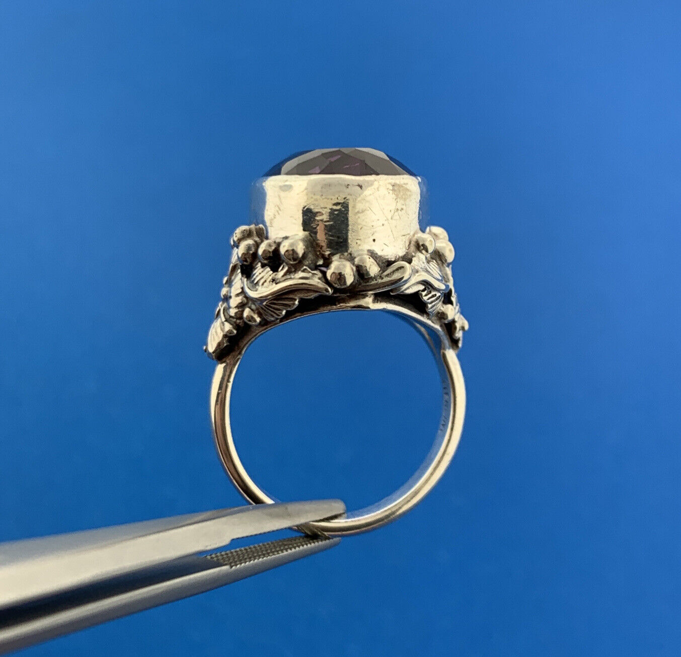 Stunning Sterling Silver 925 Large Oval Cut Purple Amethyst Floral Ring Size 6