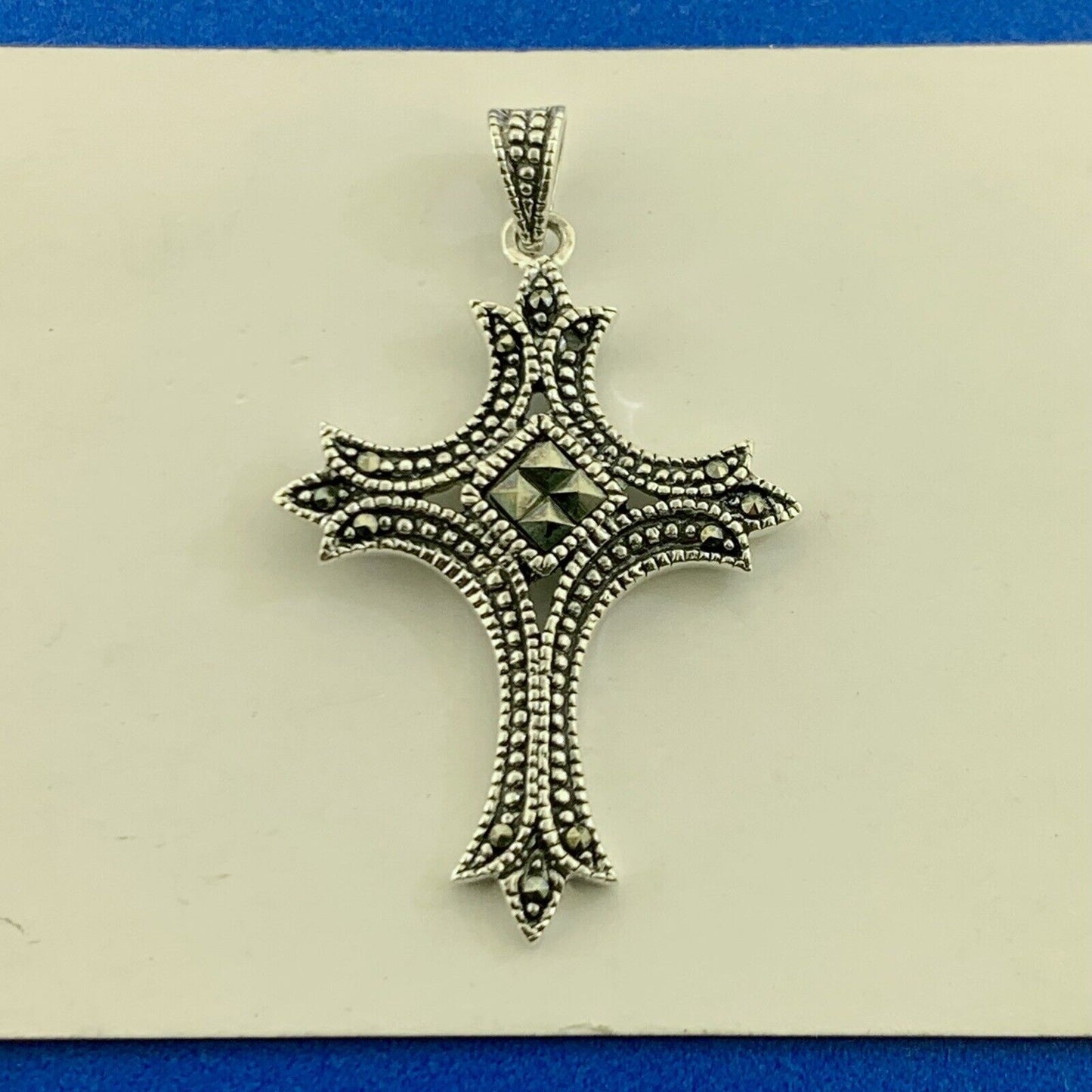 Designer 925 Sterling Silver Marcasite Beaded Detail Gothic Cross Large Pendant
