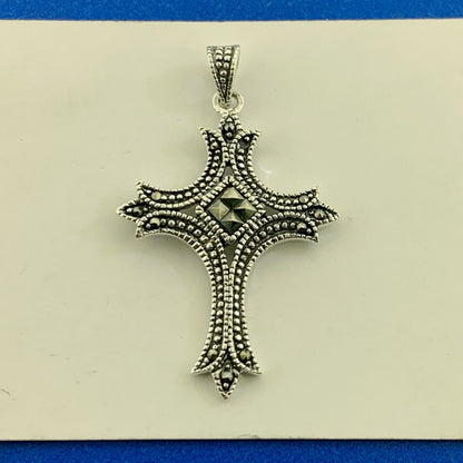 Designer 925 Sterling Silver Marcasite Beaded Detail Gothic Cross Large Pendant