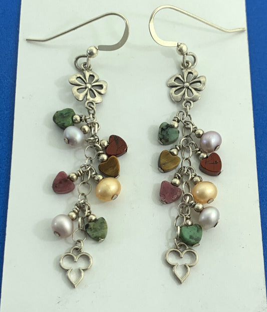 Multi-Stone Colorful Hearts 925 Sterling Silver Flower Dangle Hook Earrings