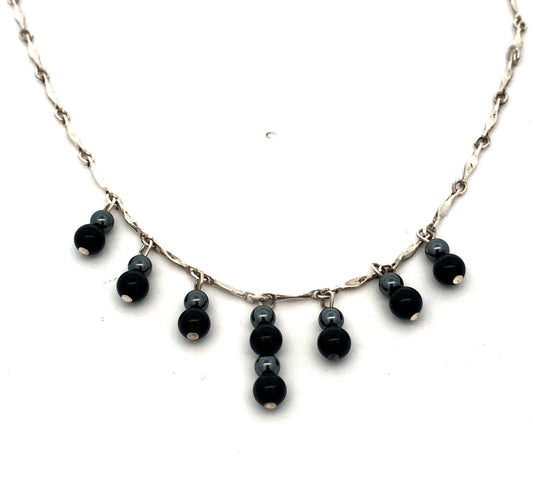 Designer PC Sterling Silver Black Onyx Hematite Bead Fancy Link Chain Necklace