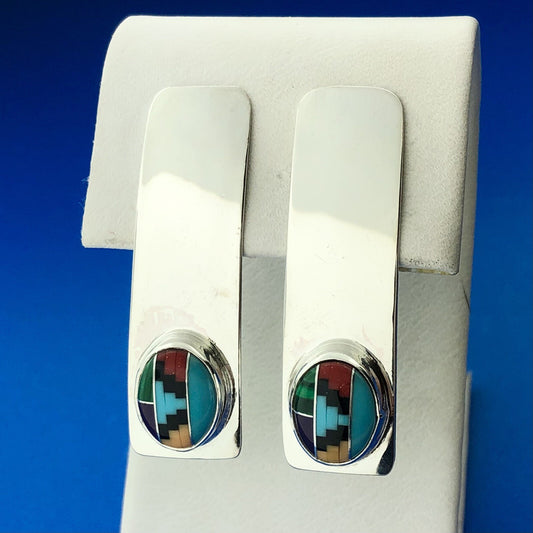 Navajo Designer Willie Saiz Sterling Silver 925 Multi-Stone Inlay Stud Earrings
