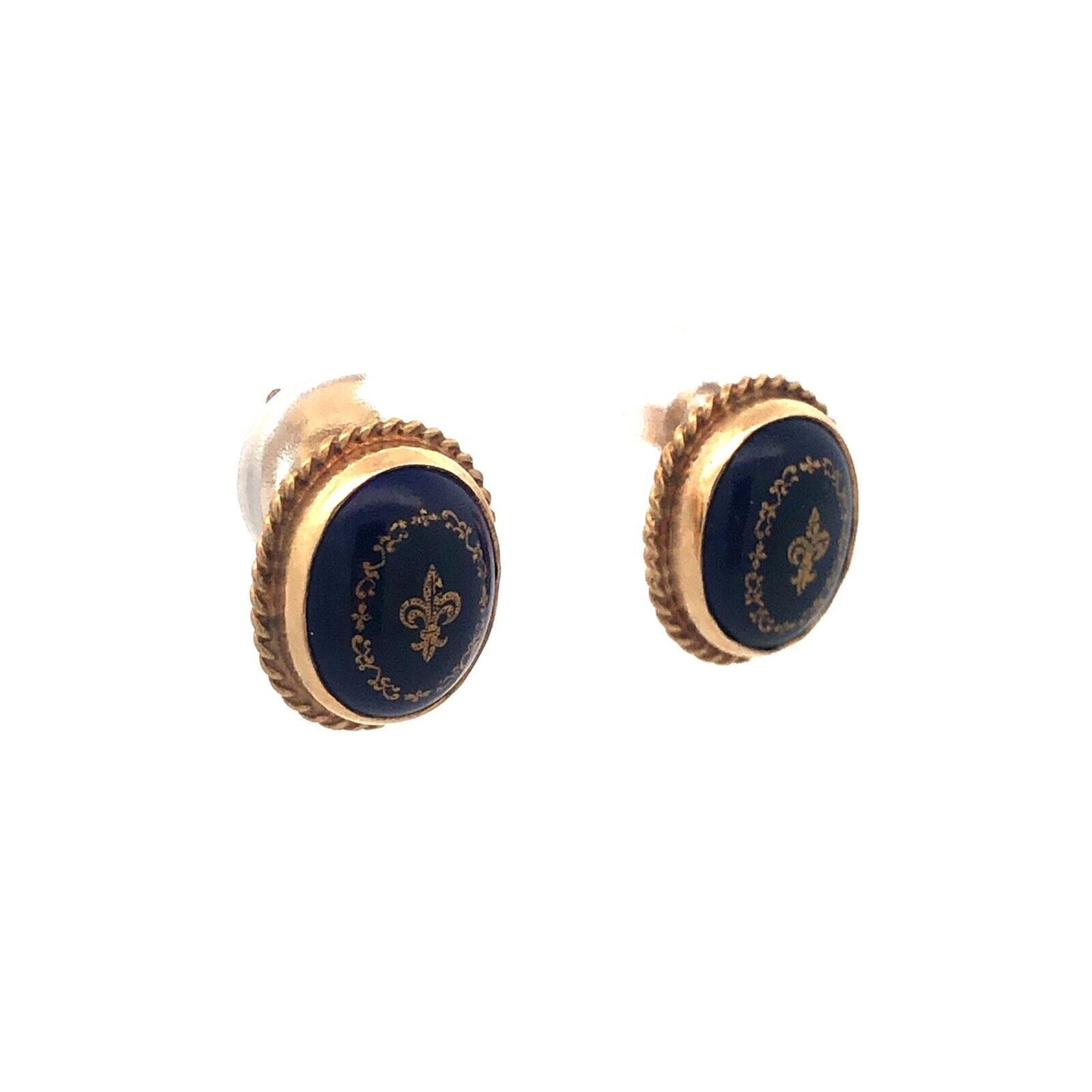 Vintage 14K Yellow Gold Blue Cobalt Gold Etched Fleur De Lis Oval Stud Earrings