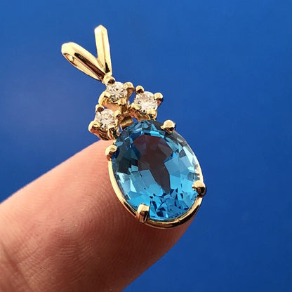 14K Yellow Gold London Blue Topaz Diamond Drop December Anniversary Pendant