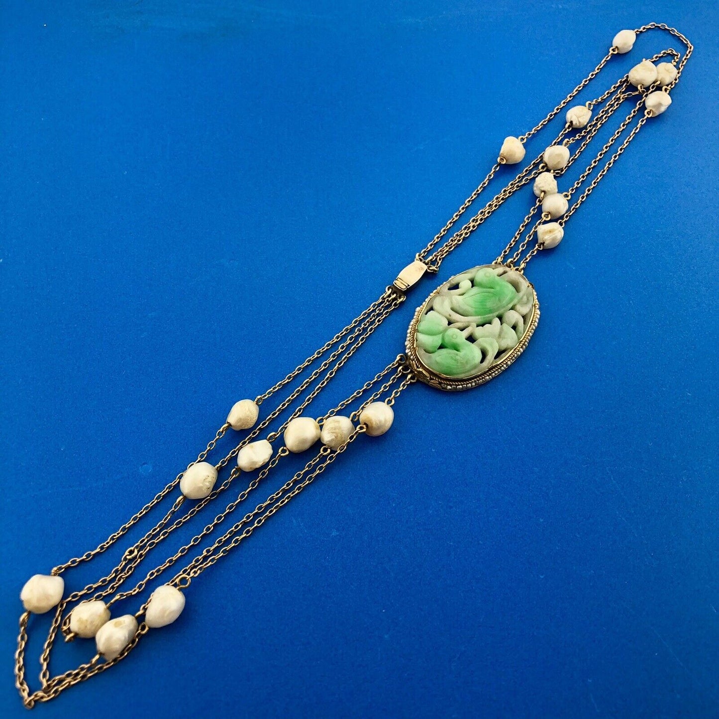 14k Yellow Gold Carved Jade White Pearl 18" 3 Strand Swimming Duck Necklace