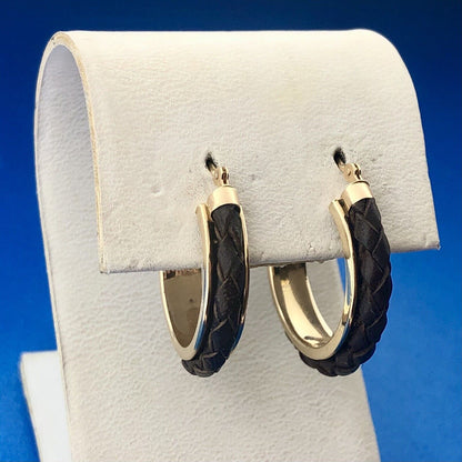 Jacmel JCM 14k Yellow Gold Braided Leather Rawhide Hoop Earrings