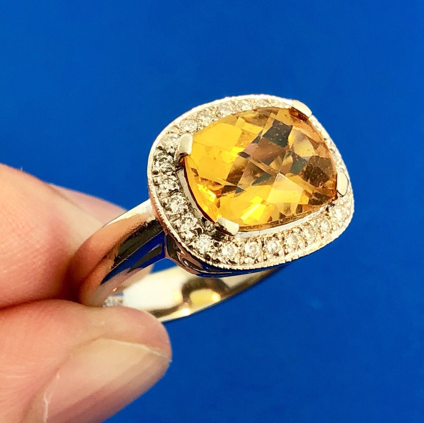 Stunning Designer 14K White Gold Citrine Diamond Cushion Cut Halo Ring Size 6.5