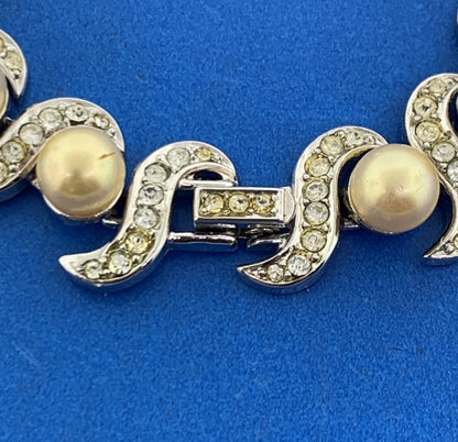1955 Crown Trifari Silver Tone Faux Pearl & Rhinestone Statement Bracelet