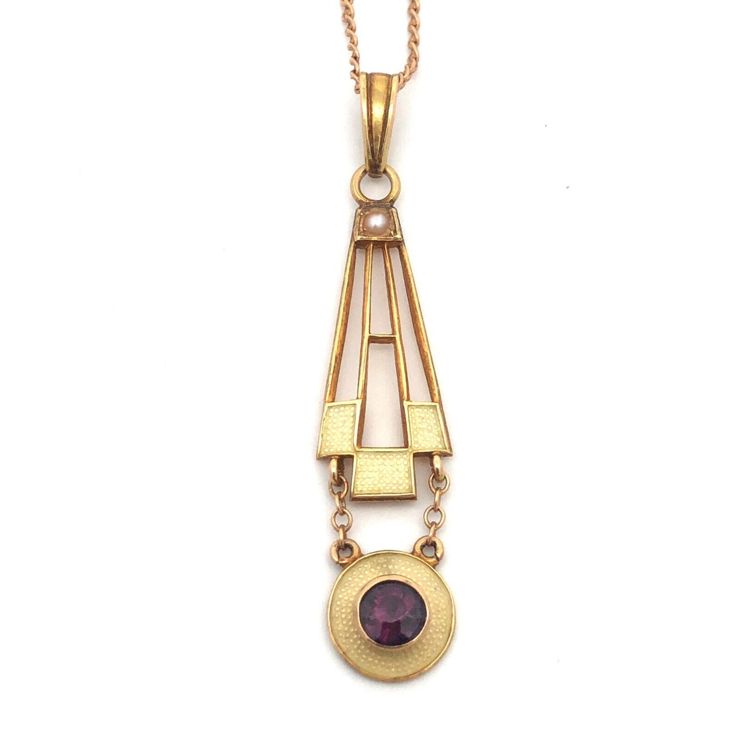 Art Deco 10K 14K  Yellow Gold Amethyst Seed Pearl Enamel Drop Pendant Necklace