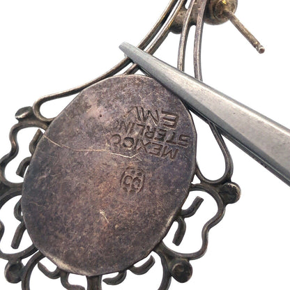 Vintage Taxco EMV 925 Sterling Silver Oval Larimar Cabochon Dangle Drop Earrings