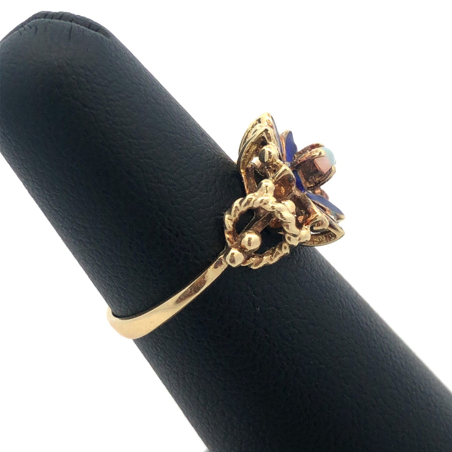 Vintage 14k Yellow Gold Opal and Blue Enamel Flower Ring