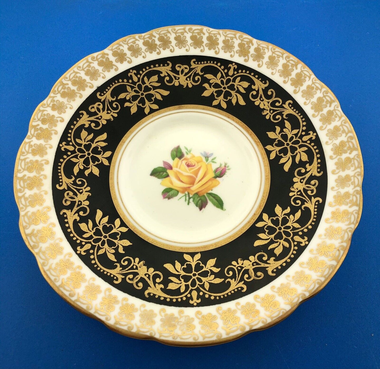 Royal Stafford English Bone China Yellow Rose Black Gold Floral Tea Cup/Saucer