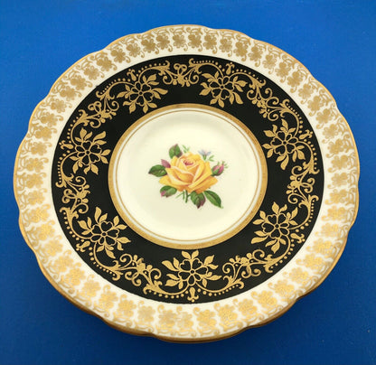 Royal Stafford English Bone China Yellow Rose Black Gold Floral Tea Cup/Saucer