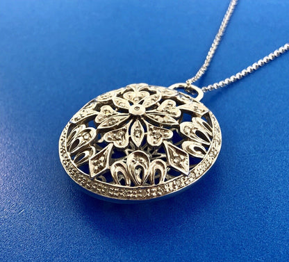 14K White Gold Diamond Floral Heart Filigree Open Scroll Statement Necklace