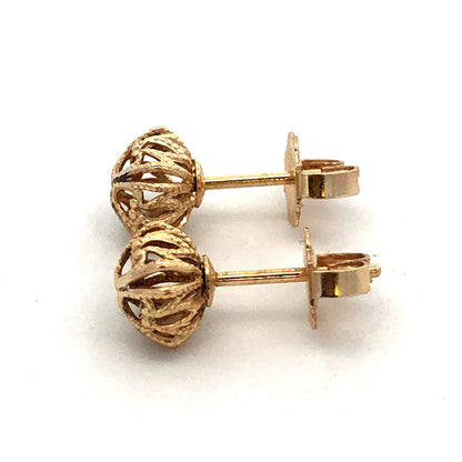 Estate 14K Yellow Gold Textured Open Work Dome Ball Stud Earrings