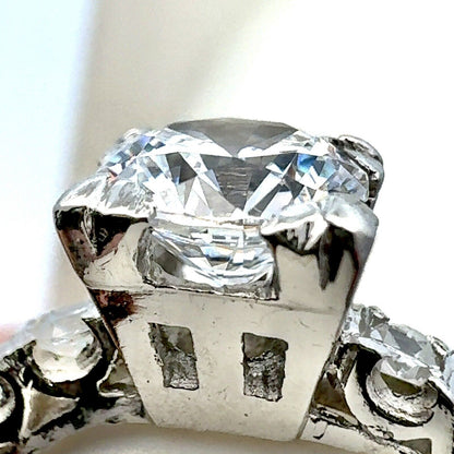 Vintage Platinum Round Cubic Zirconia CZ Solitaire W/Accent Engagement Ring