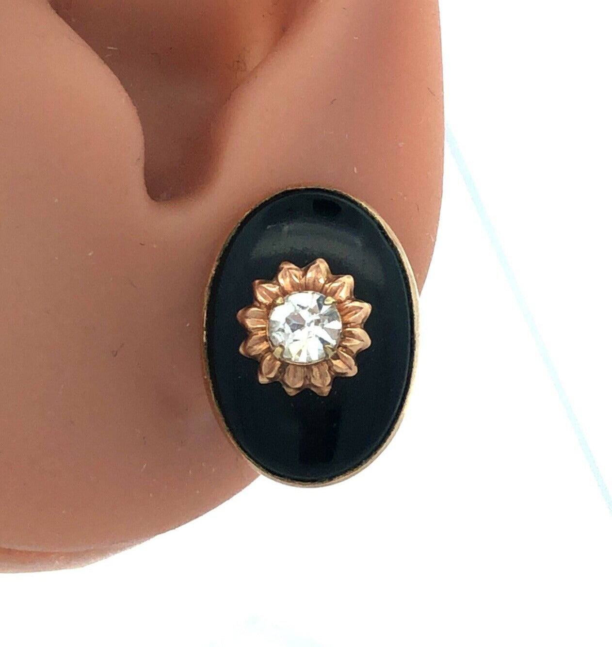Antique Gold 12K Gold Filled Blace Onyx Rhinestone Brooch Earrings 3 Pc Set