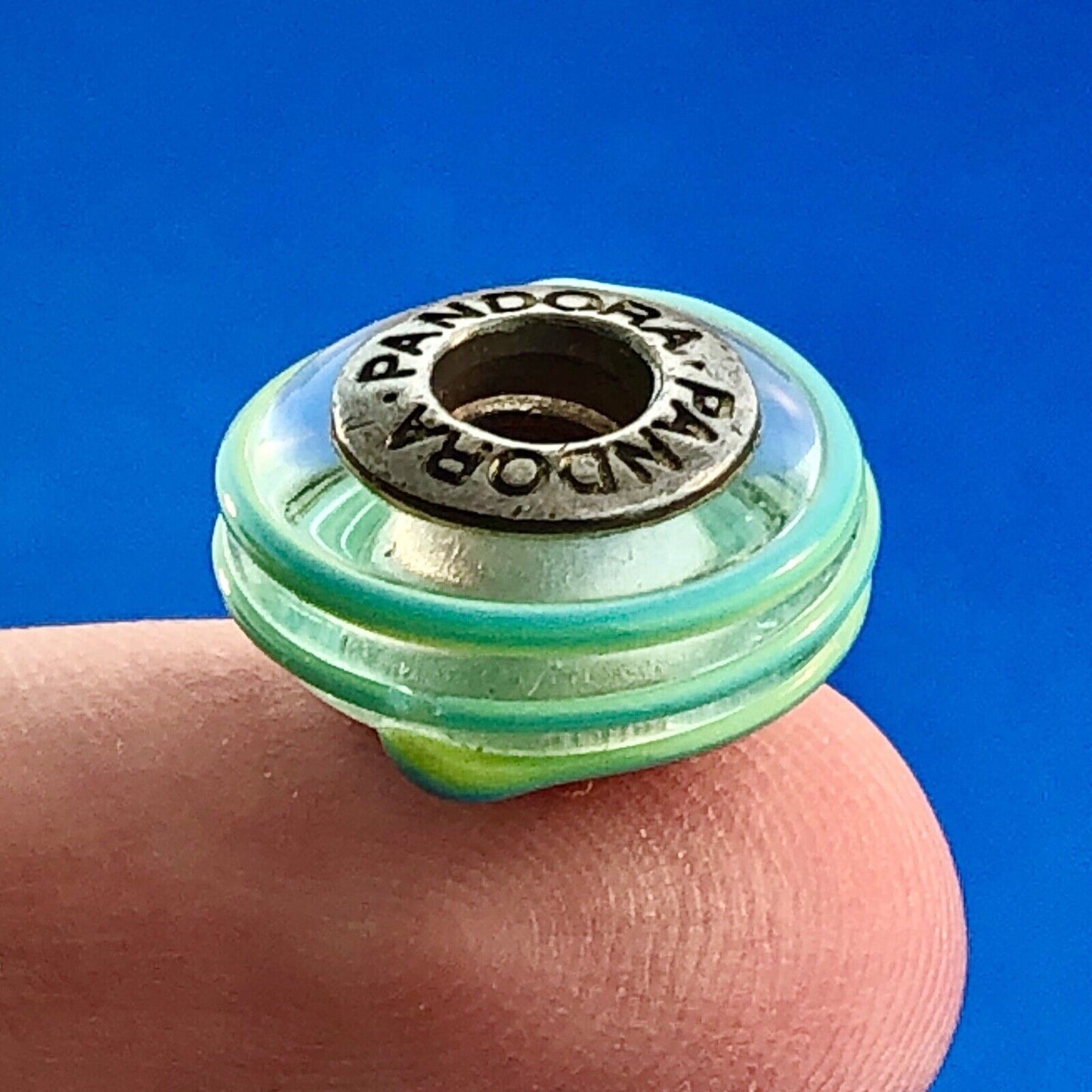 Authentic PANDORA Sterling Silver Lime Banded Striped Murano Glass Bead Charm