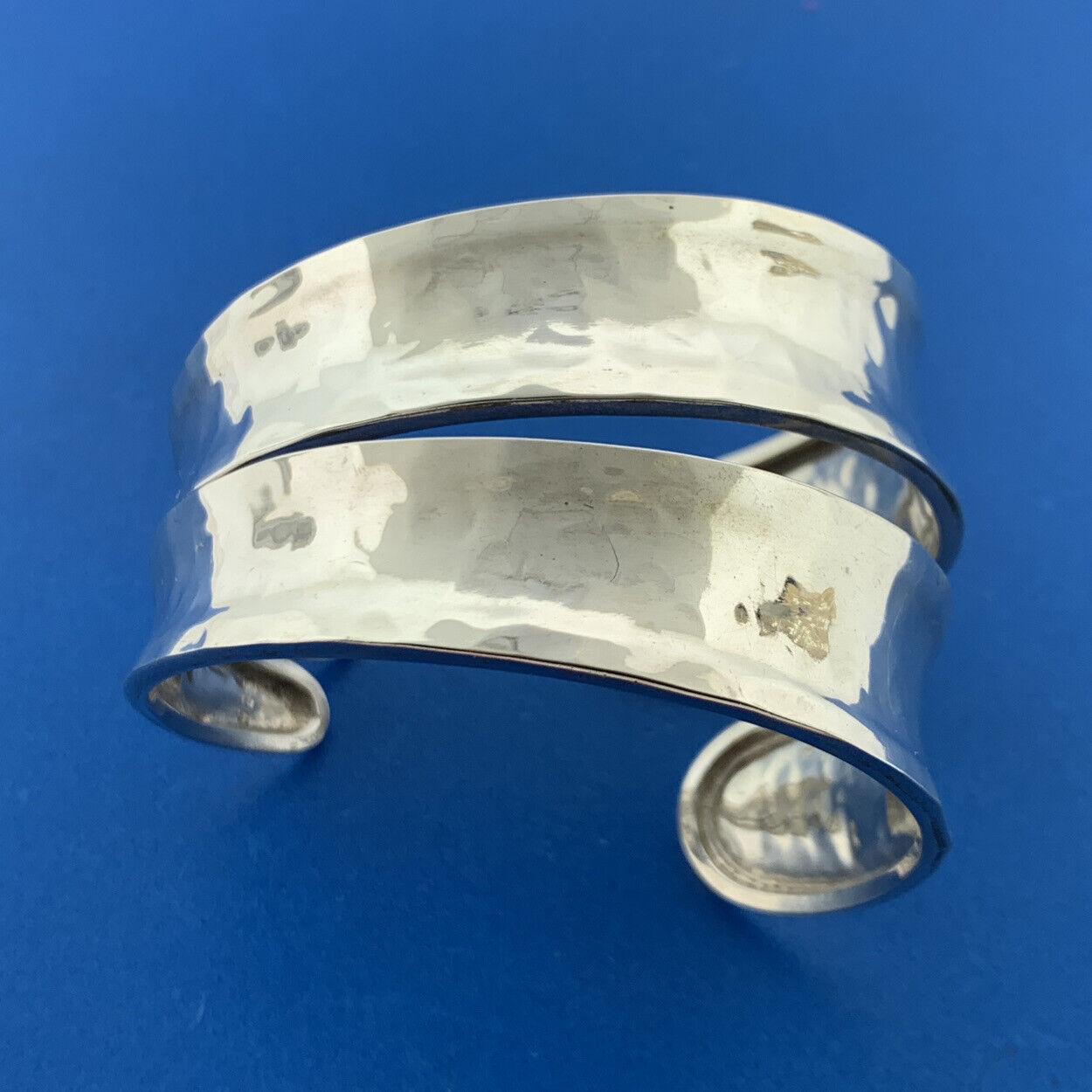 Modernist Artisan Sterling Silver Hammered Wave Double Cuff Statement Bracelet