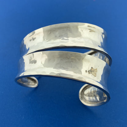 Modernist Artisan Sterling Silver Hammered Wave Double Cuff Statement Bracelet