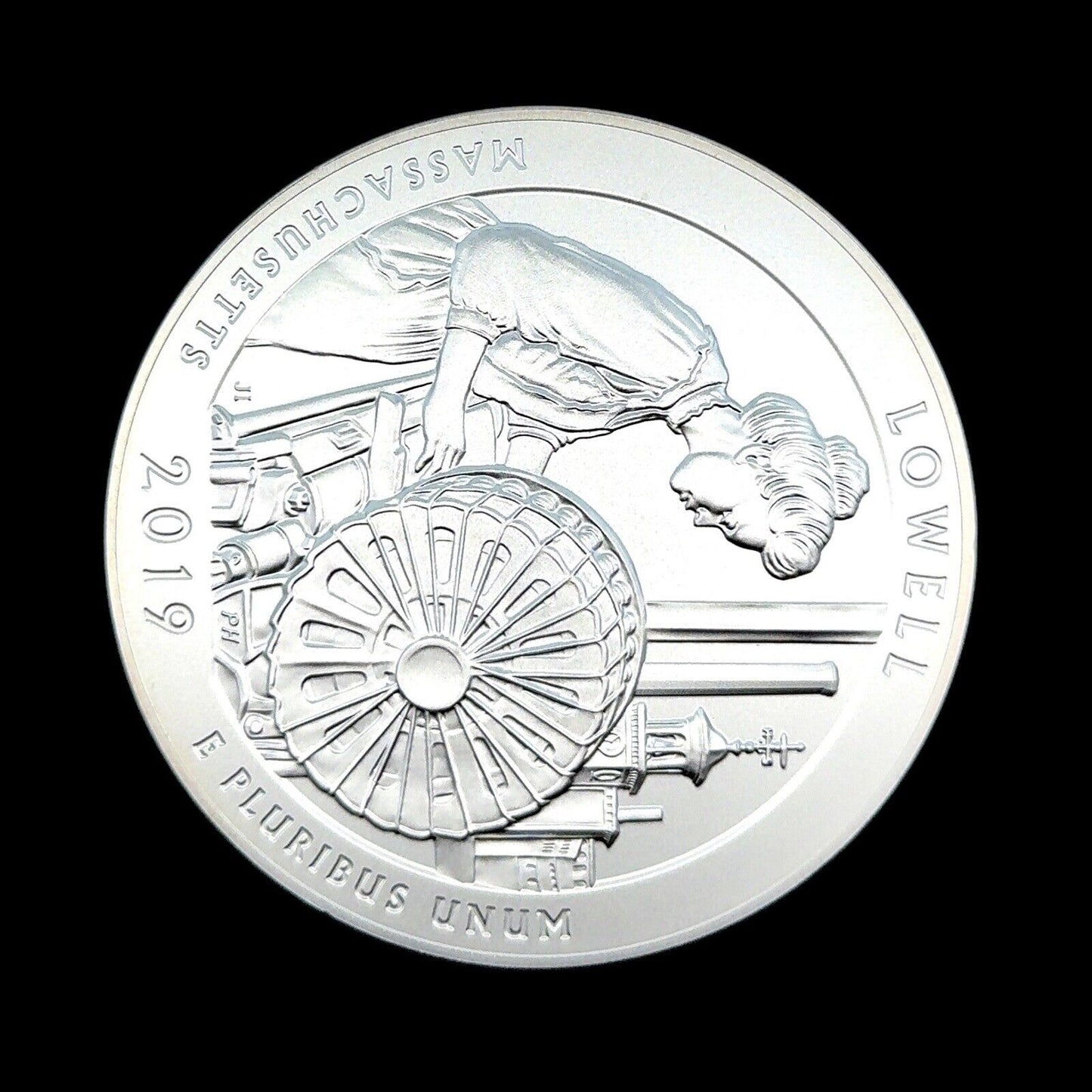 2019 P America The Beautiful Massachusetts Lowell 5 oz Silver Quarter Coin