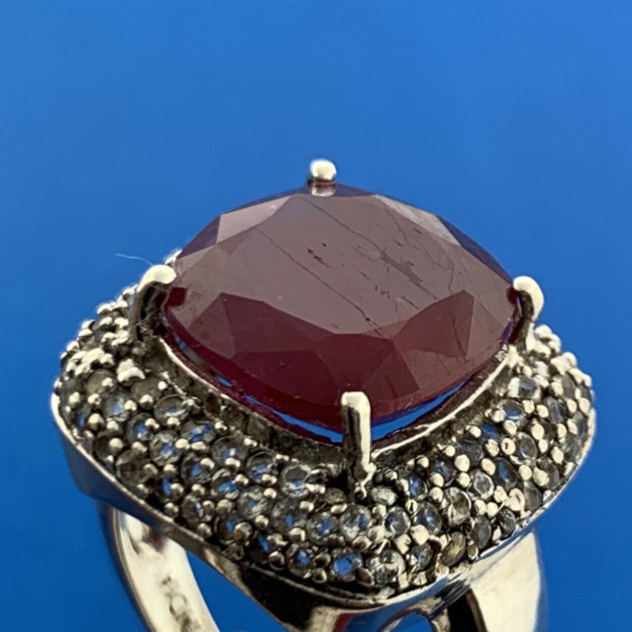 Vintage 925 Sterling Silver Ruby Solitaire Diamond Accented Cocktail Ring