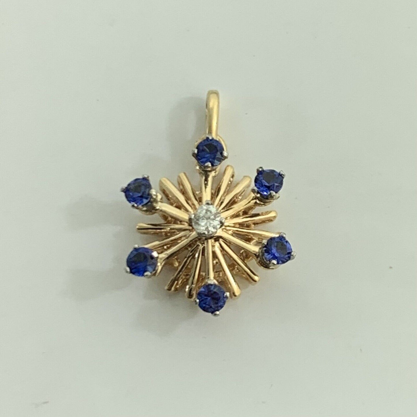 Vintage 14K Yellow Gold Blue Sapphire Diamond Pinwheel Starburst Pendant