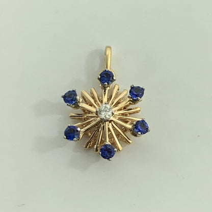 Vintage 14K Yellow Gold Blue Sapphire Diamond Pinwheel Starburst Pendant