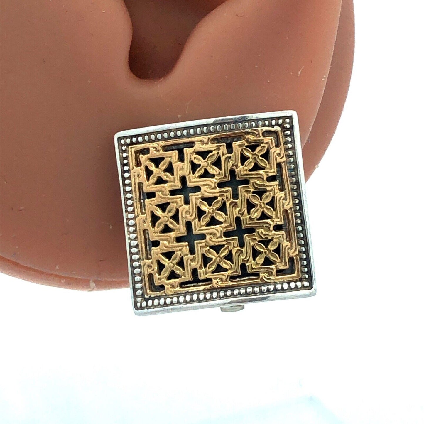 925 Sterling Silver 18K Yellow Gold Designer Floral Square Clip On Stud Earrings