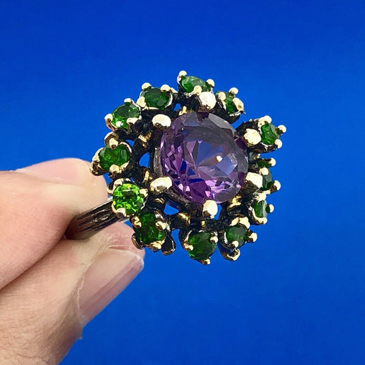 Fabulous 925 Sterling Silver Amethyst Solitaire Green Garnet Halo Cluster Ring