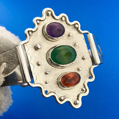 Native American Sterling Silver Amber Amethyst Green Tourmaline Cuff Bracelet