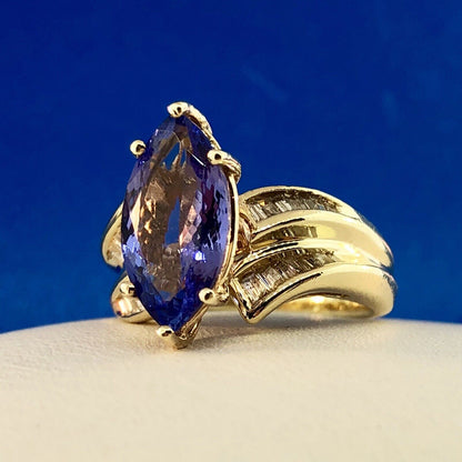 Designer 14K Yellow Gold Tanzanite Marquise Solitaire Diamond Accent Ring