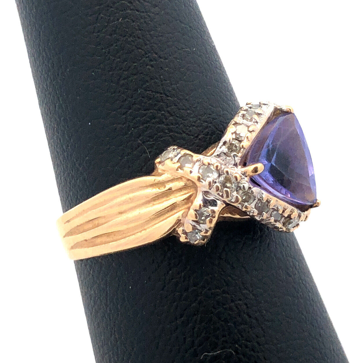 Custom 14k Yellow Gold Trillion Tanzanite Diamond X Ribbon Halo Size 7.25 Ring