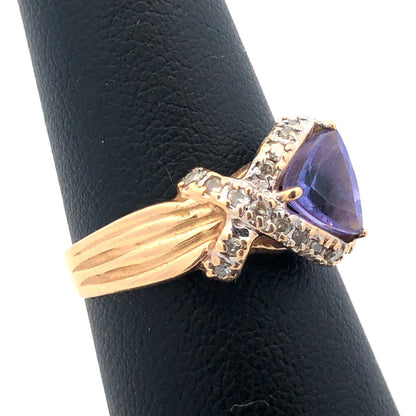 Custom 14k Yellow Gold Trillion Tanzanite Diamond X Ribbon Halo Size 7.25 Ring