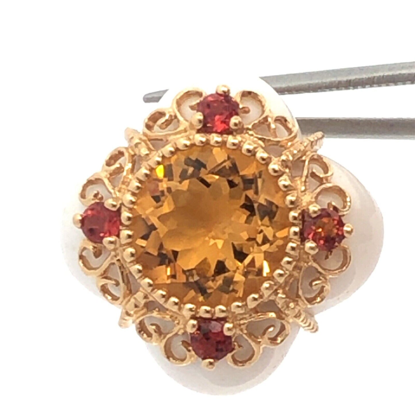 Designer 14K Yellow Gold Citrine Orange Tourmaline White Agate Statement Ring